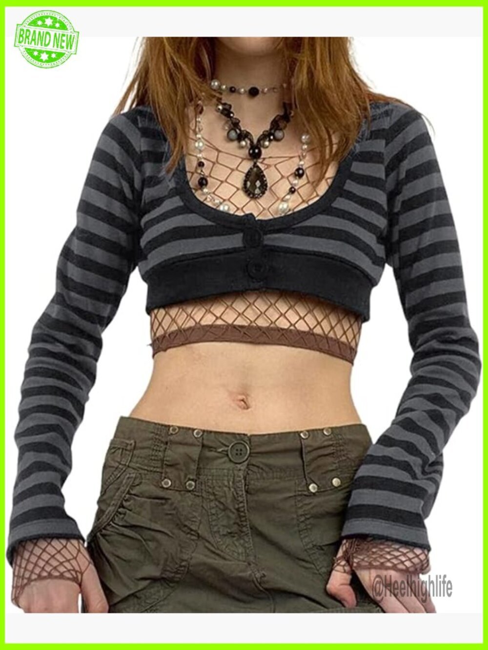 Y2K Striped Long Sleeve Crop Top Button Down U Neck Slim Fit Shrug Punk